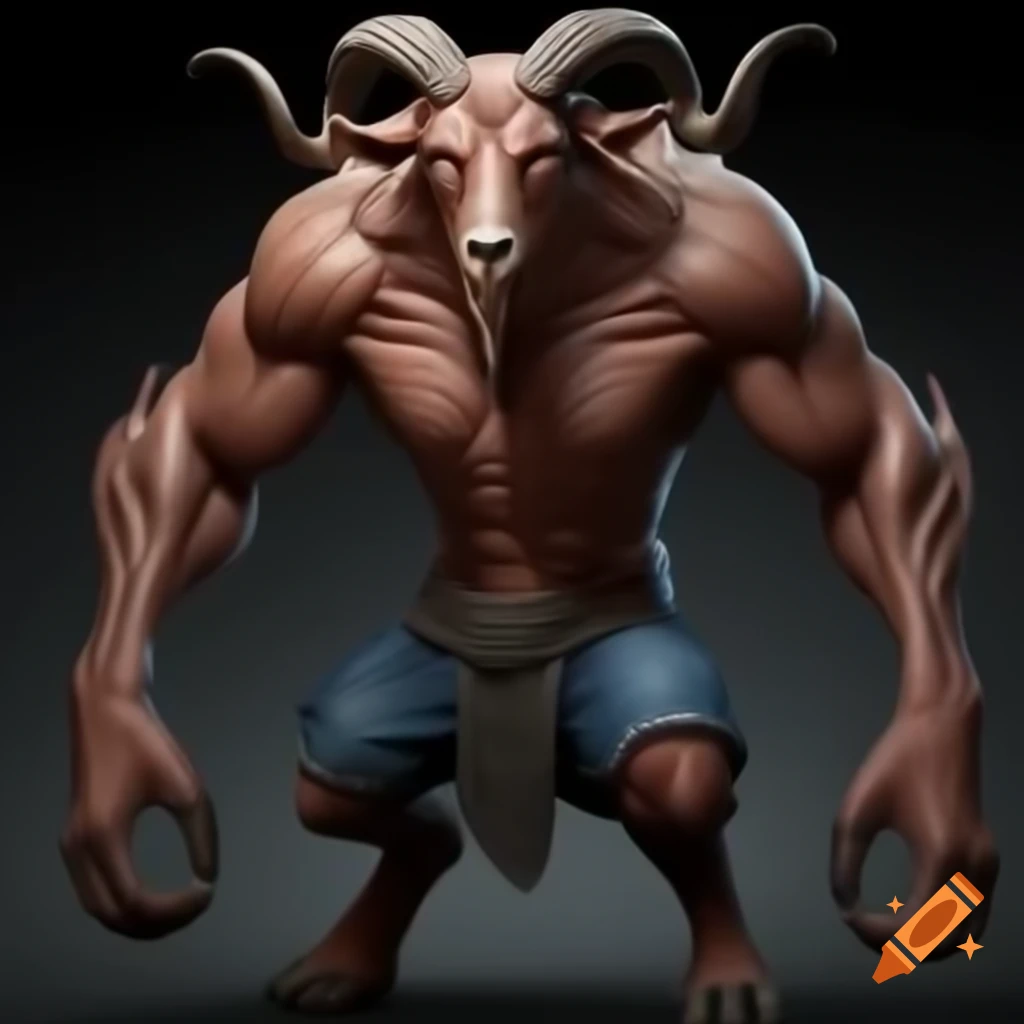 Realistic goat-headed demon with large horns and muscular build in blue shorts