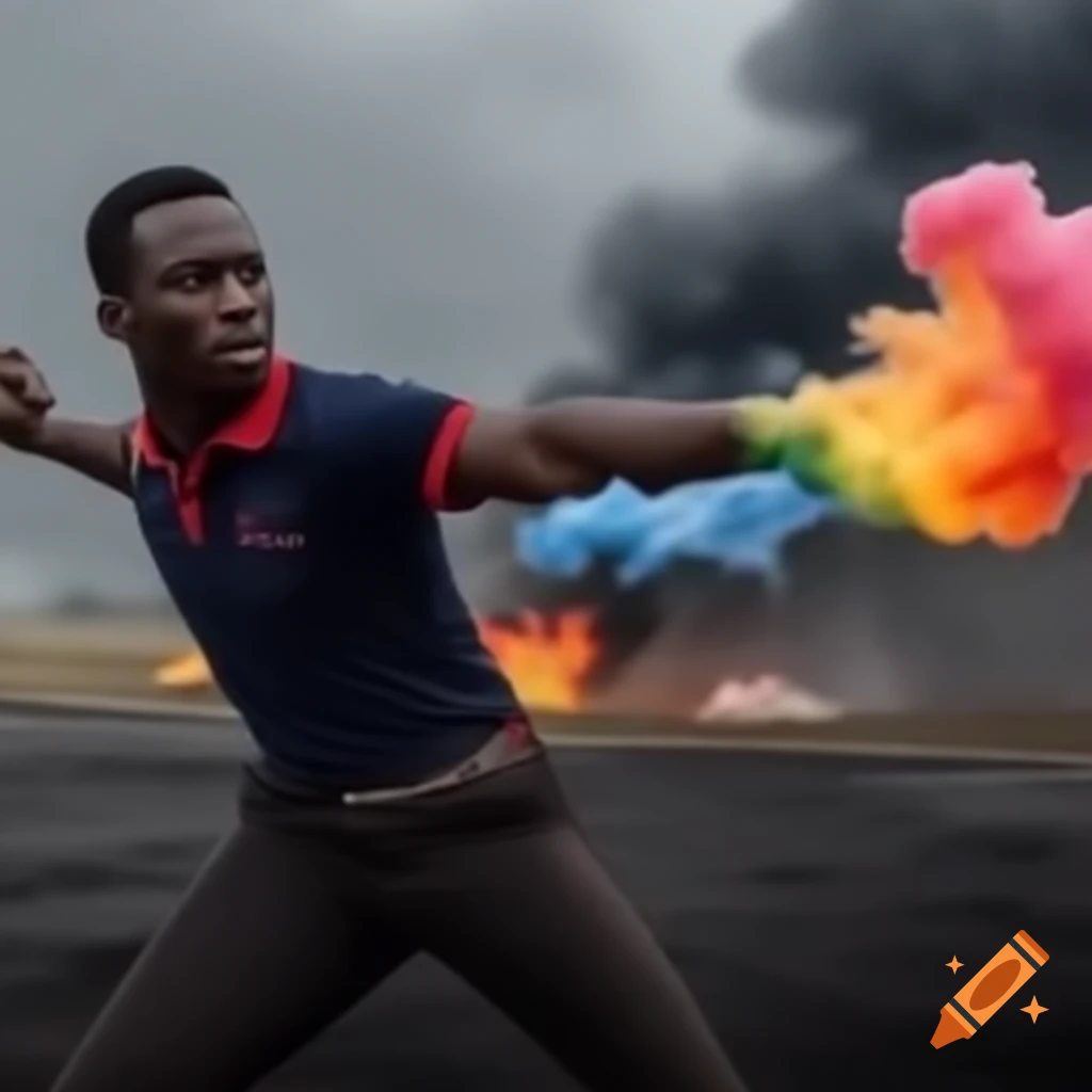 Black man in polo shirt using fire superpower against rainbow smoke cloud