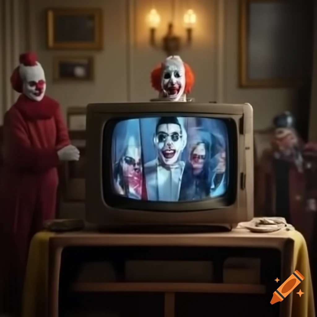 Clown family watching news story about AI images on large TV