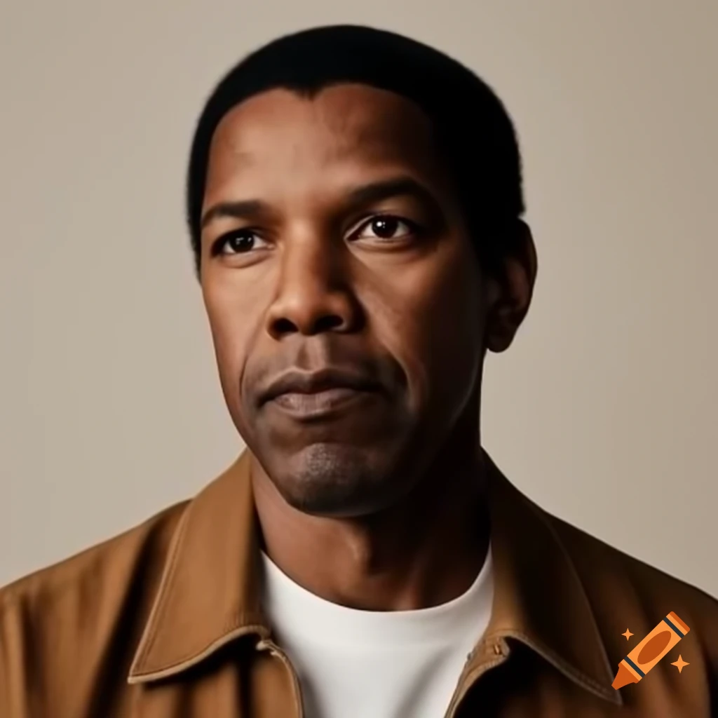 Denzel Washington in a brown jacket and white t-shirt