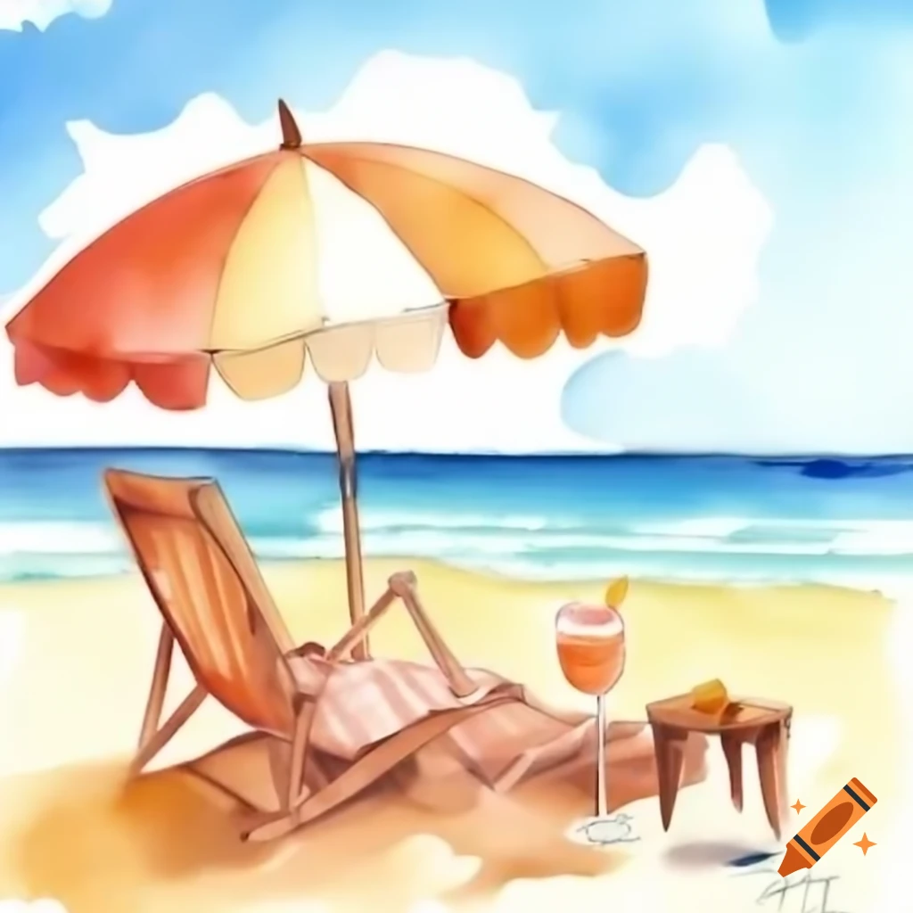 Warm summer beach scene with umbrella and cocktail