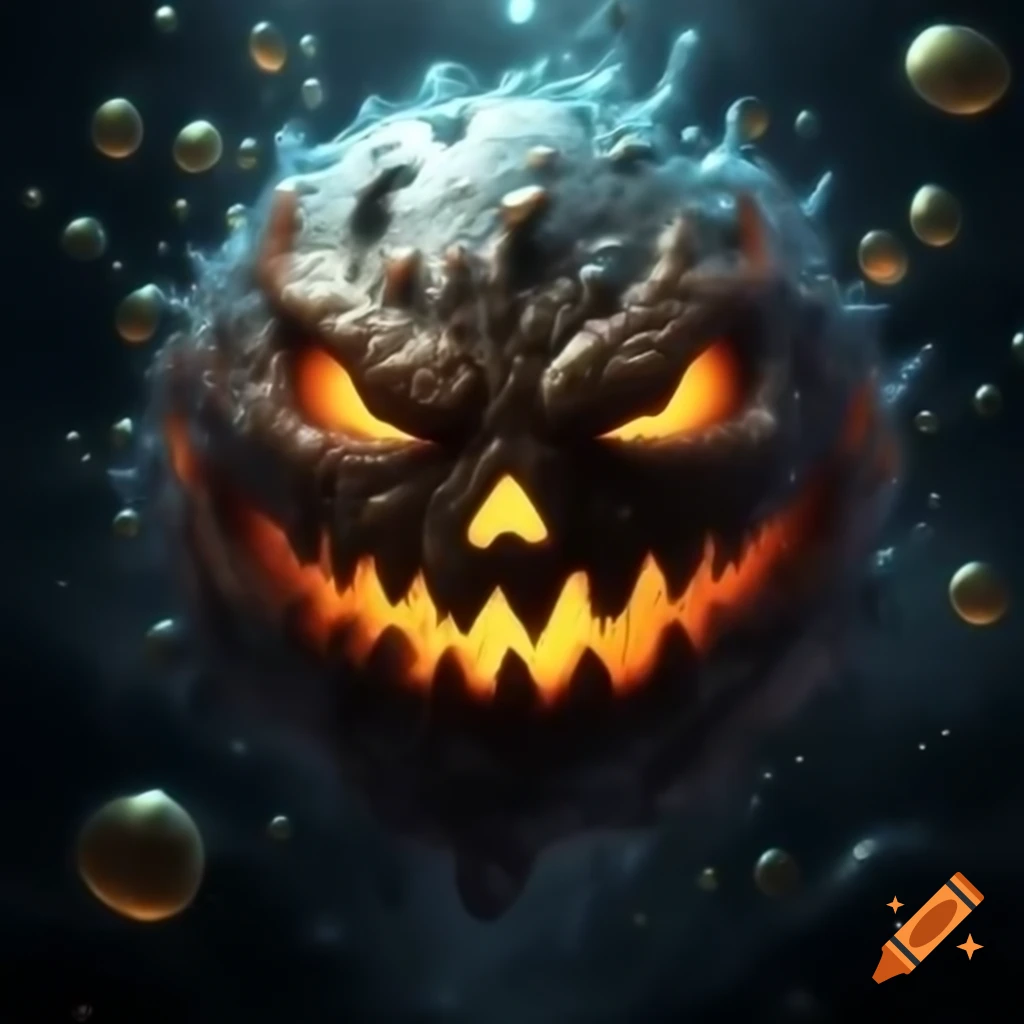 Hyper realistic fantasy monster bubble with glowing eyes and Jack O' Lantern mouth