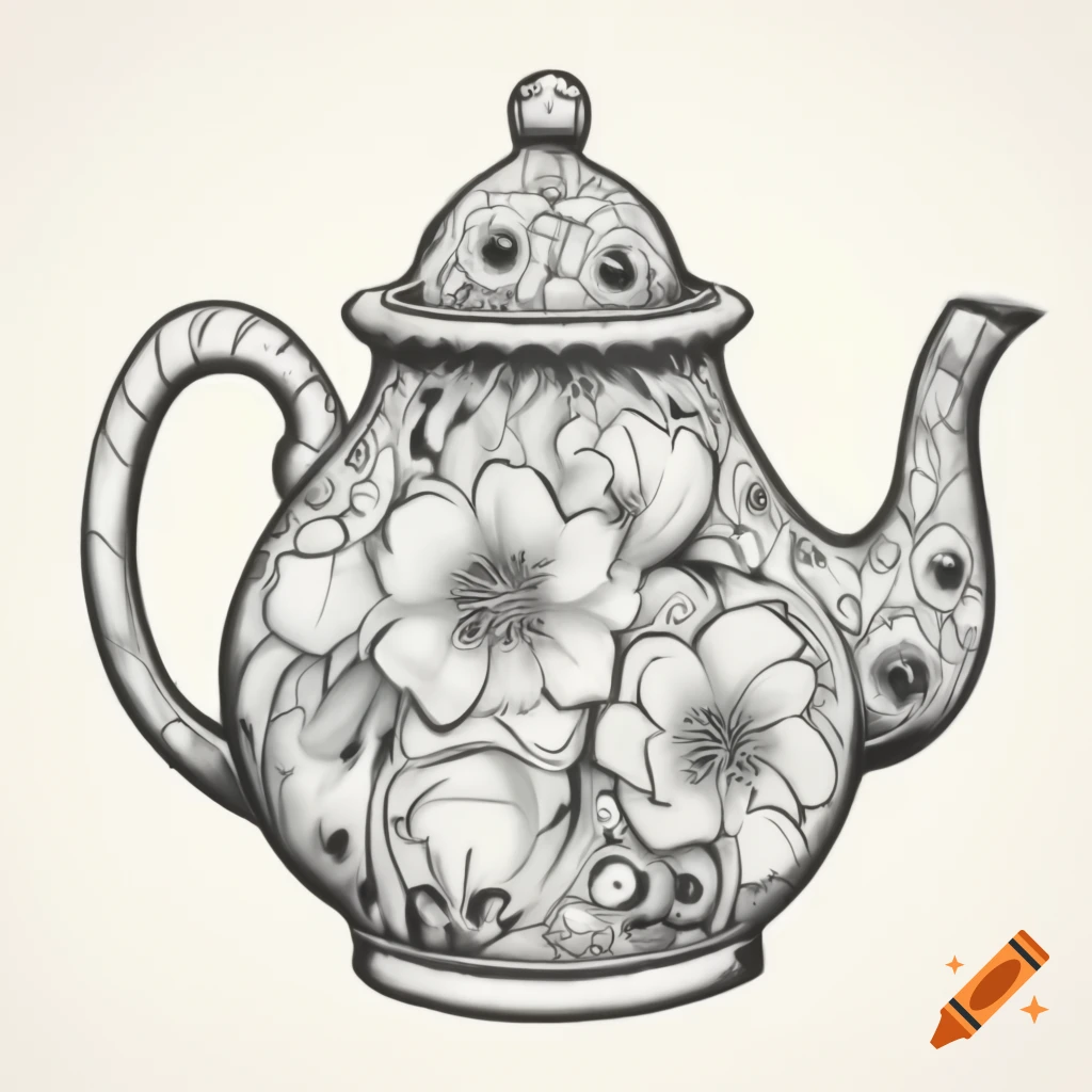 Intricate floral design sketch of a teapot