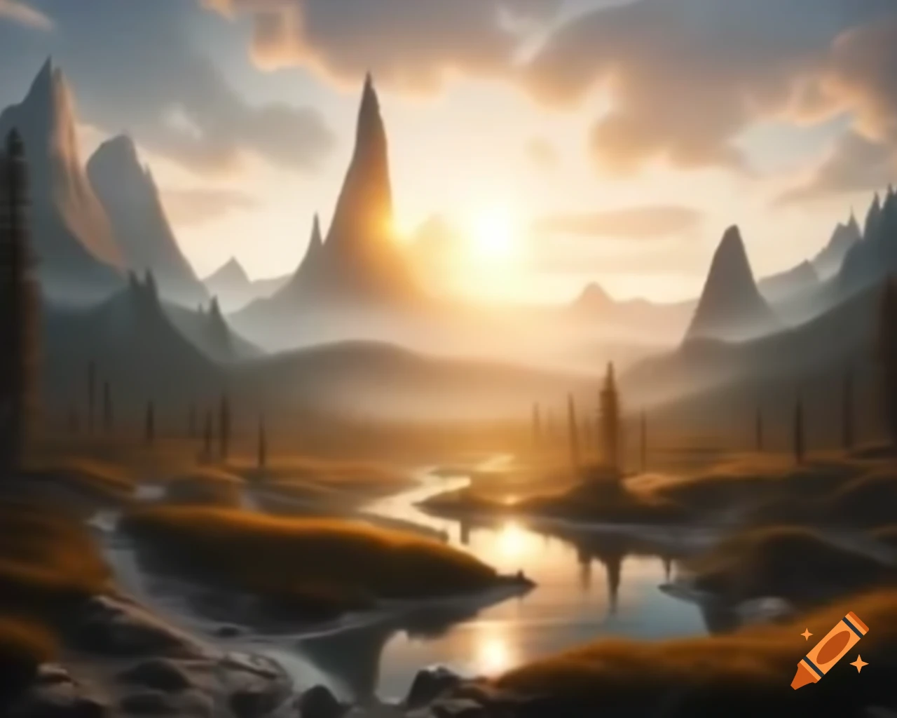Breathtaking mountain range with rivers and lush trees in ancient land