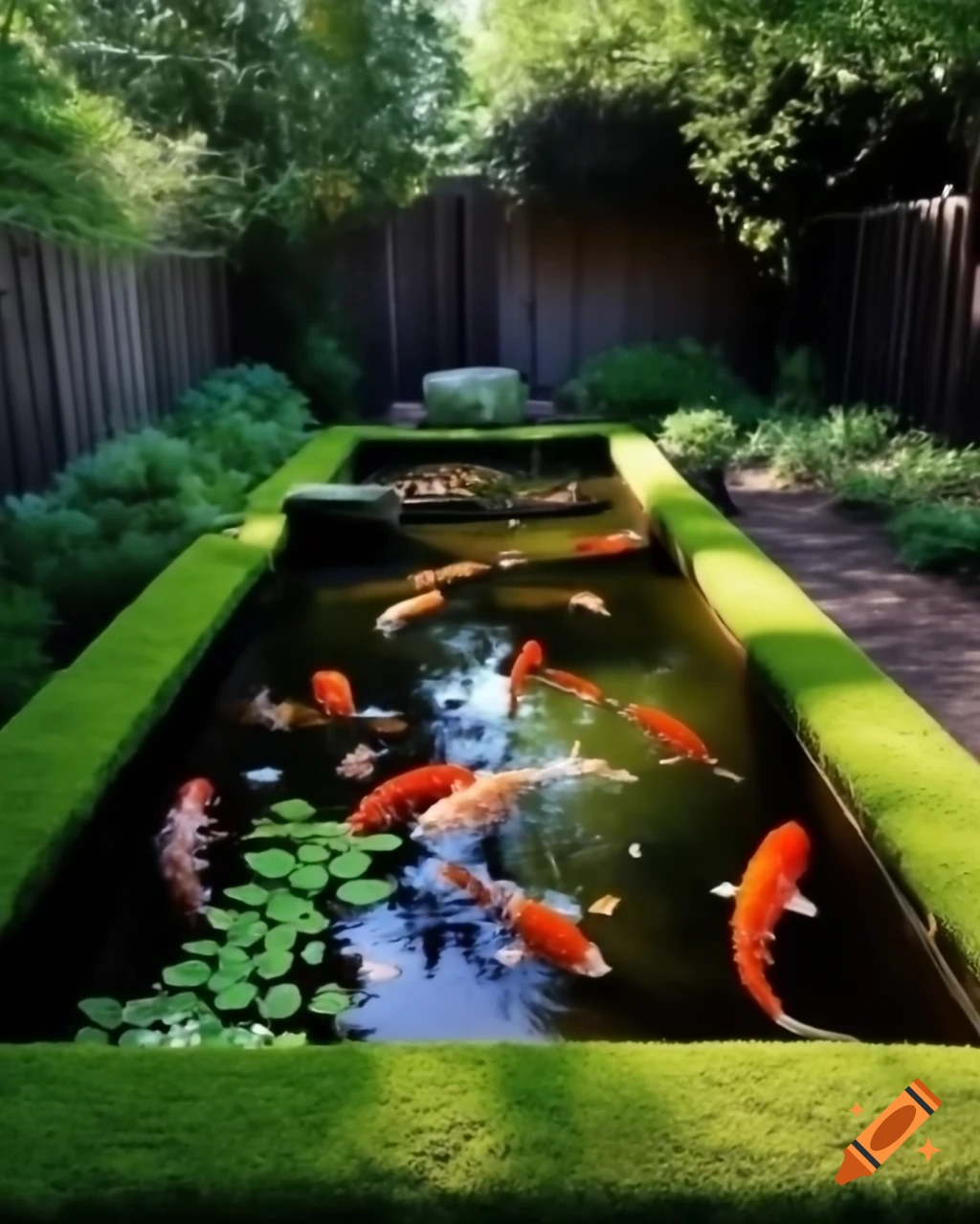 Mossy garden with koi and goldfish pond surrounded by wooden fences