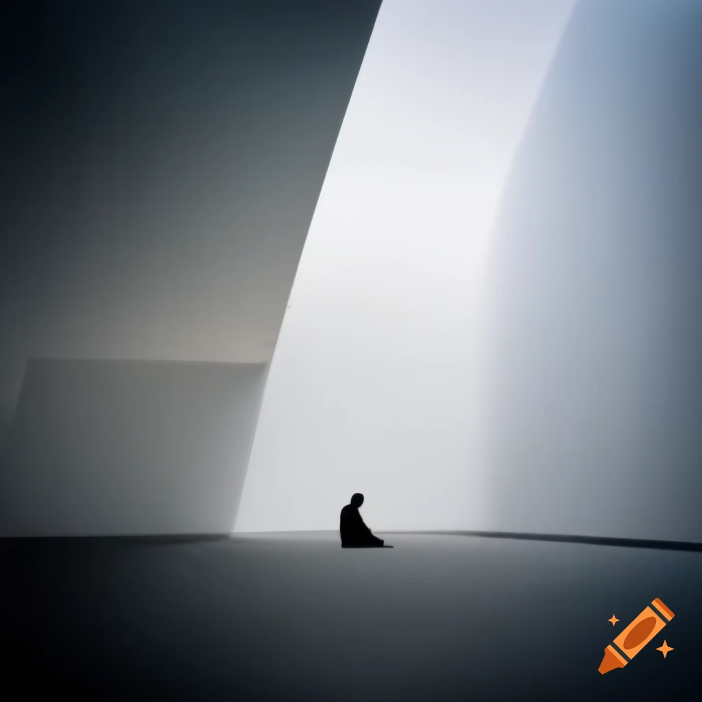 Solitary figure seated against empty hall's white wall, embodying loneliness