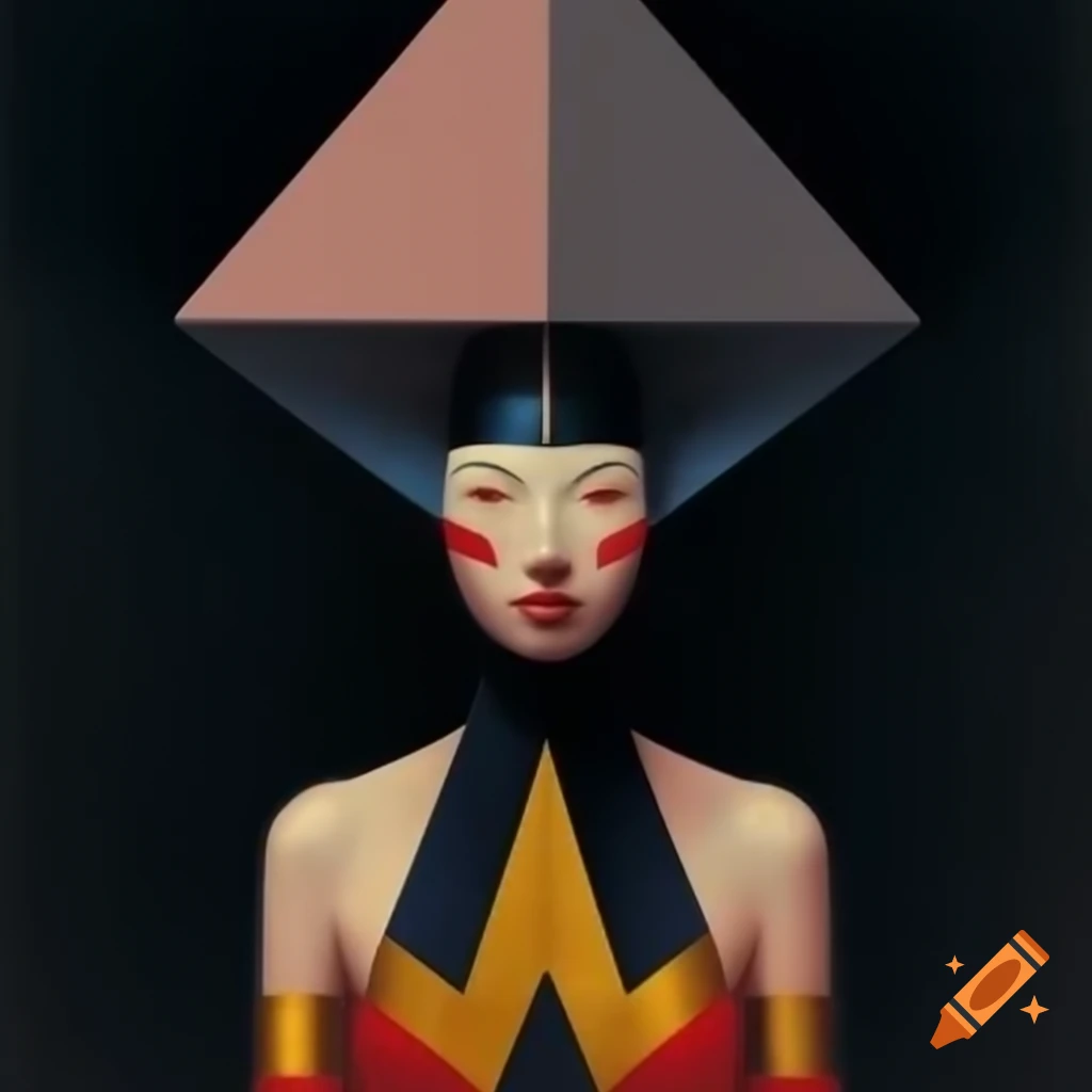 Surreal human figure with geometric head and smooth forms against simple colors
