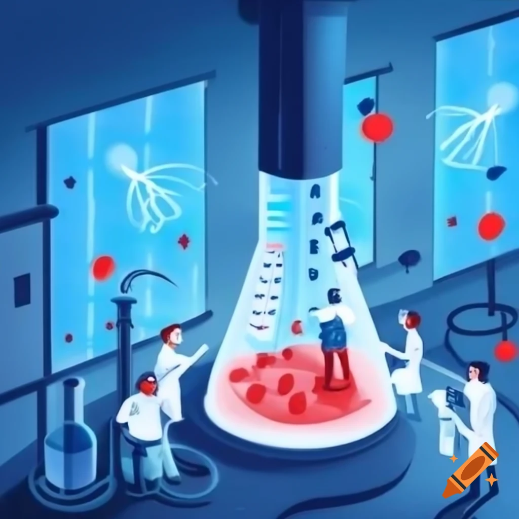 Researchers in pathology lab with DNA and cells in background