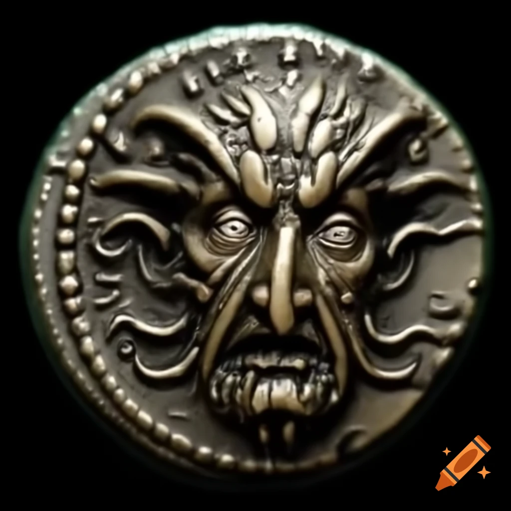 Roman coin featuring extraterrestrial humanoid with four eyes and tentacles, high resolution