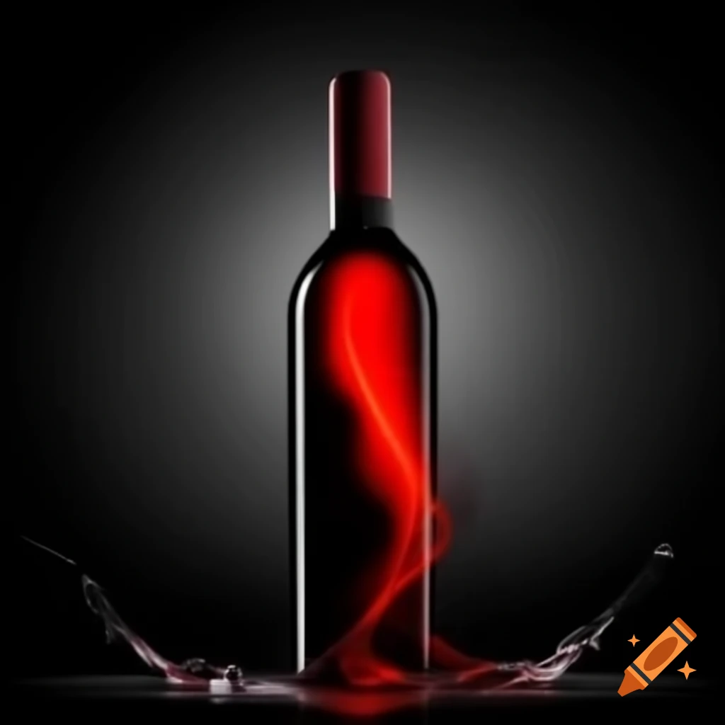 Red wine bottle with abstract label and cork stopper on gray background