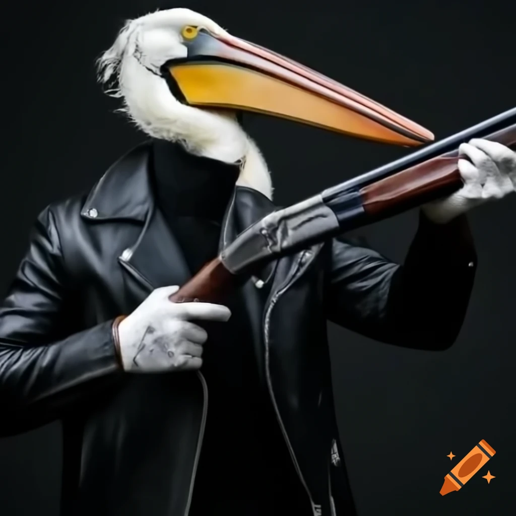 Pelican in black leather jacket holding Winchester shotgun