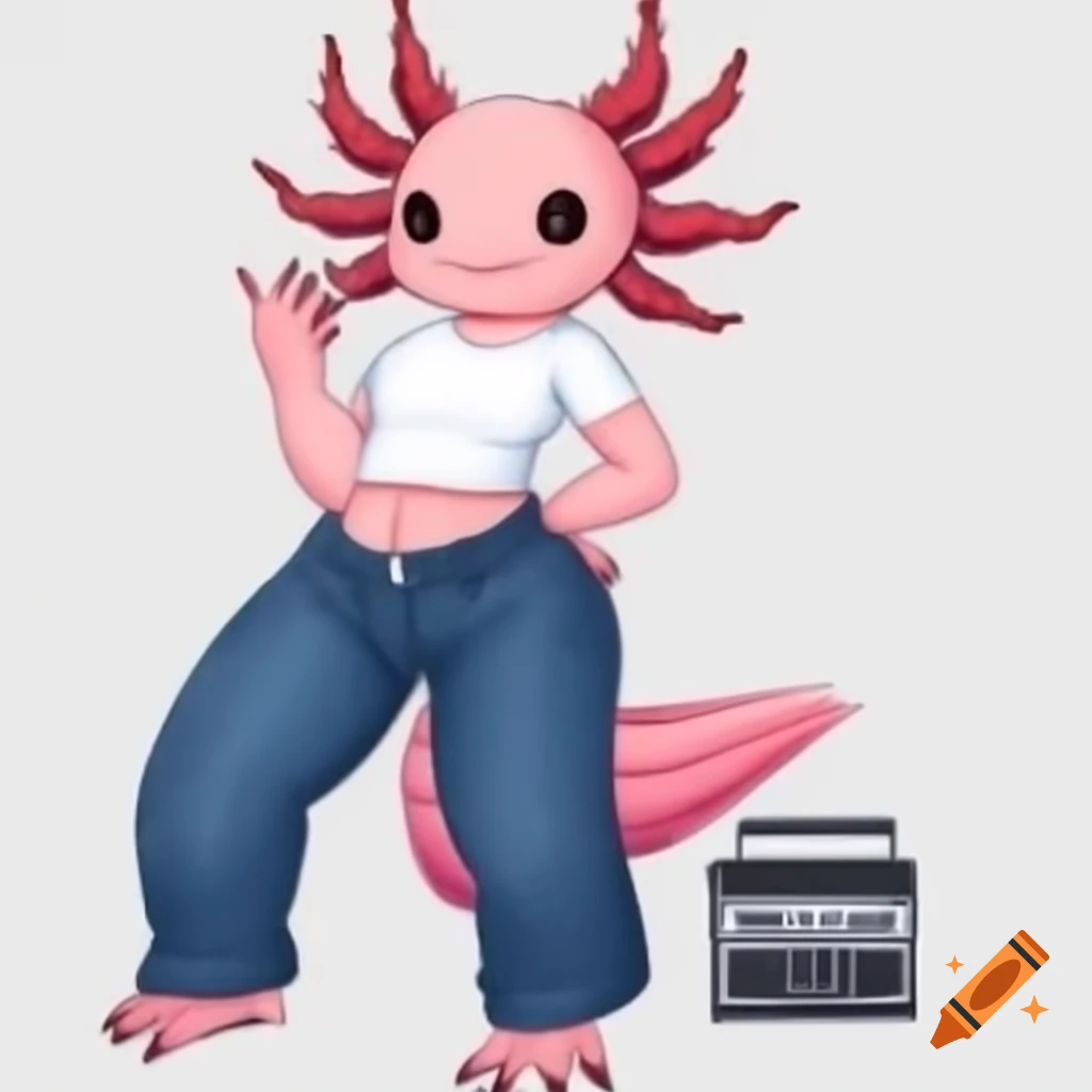 Female axolotl humanoid in crop top and jeans with boombox, enjoying rock n' roll music