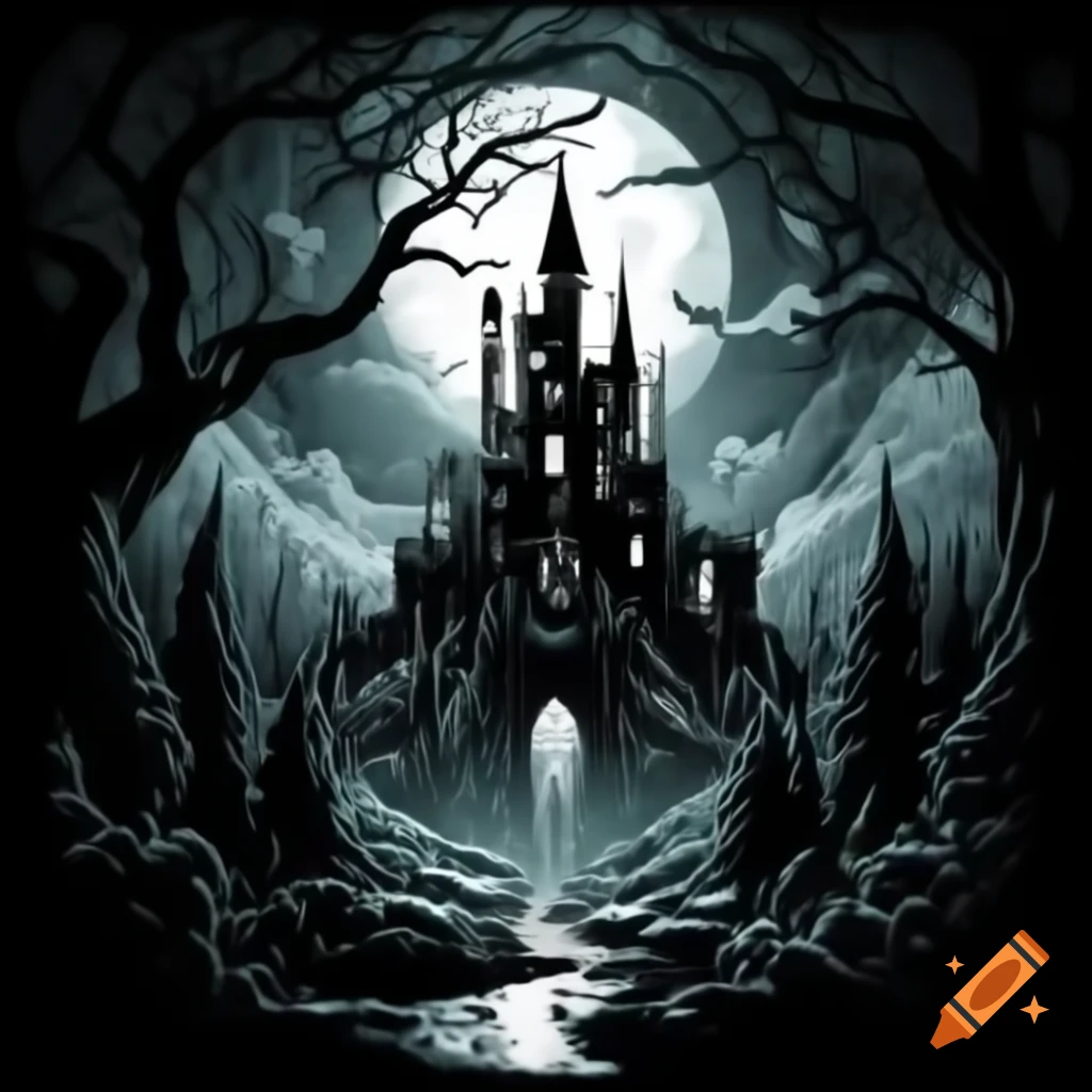 Gothic castle in dark forest illuminated by full moon, fantasy setting