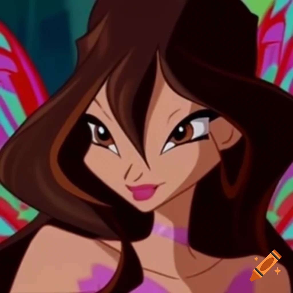 Winx fairy character with dark brown hair and brown eyes