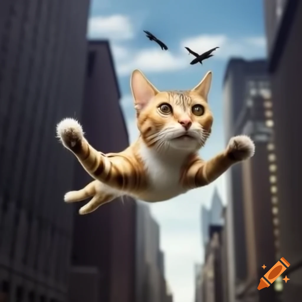 Cat flying over New York City skyline