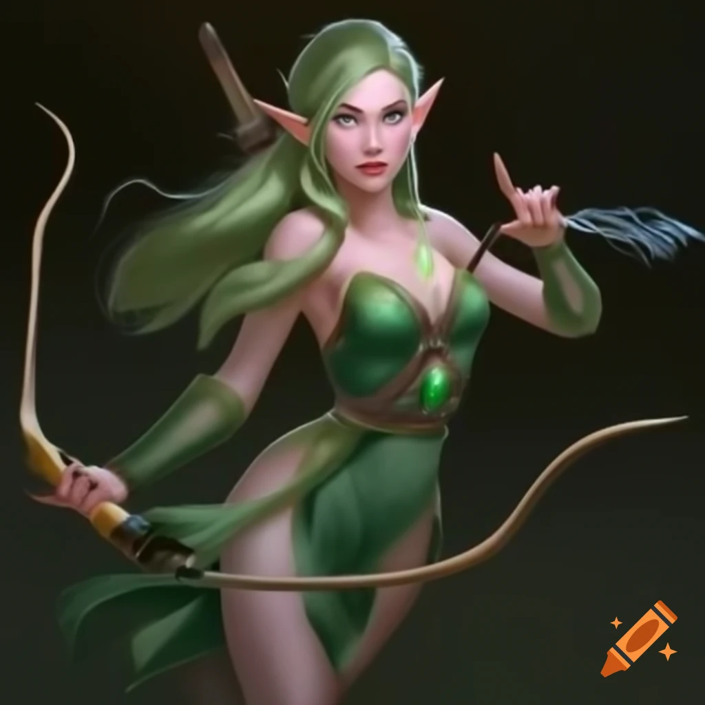 Female elf with long bow and sword wearing translucent dress and mithril ring