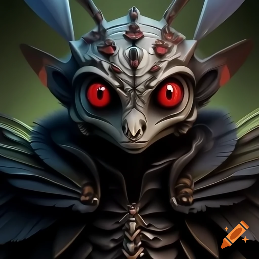 Highly detailed mothman cryptid character with red eyes and feather-shaped antennas