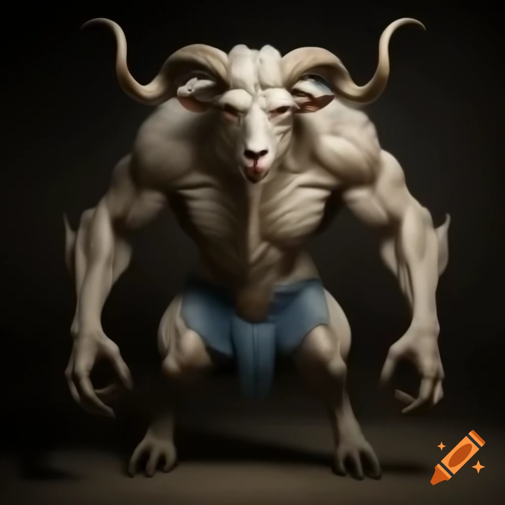 Muscular goat-headed demon with large horns and blue short jeans