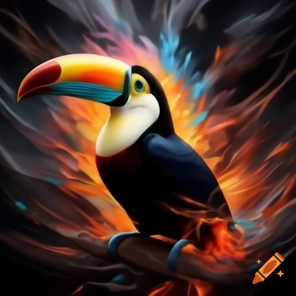 Flamboyant toucan flying amidst colorful kaleidoscopic explosion
