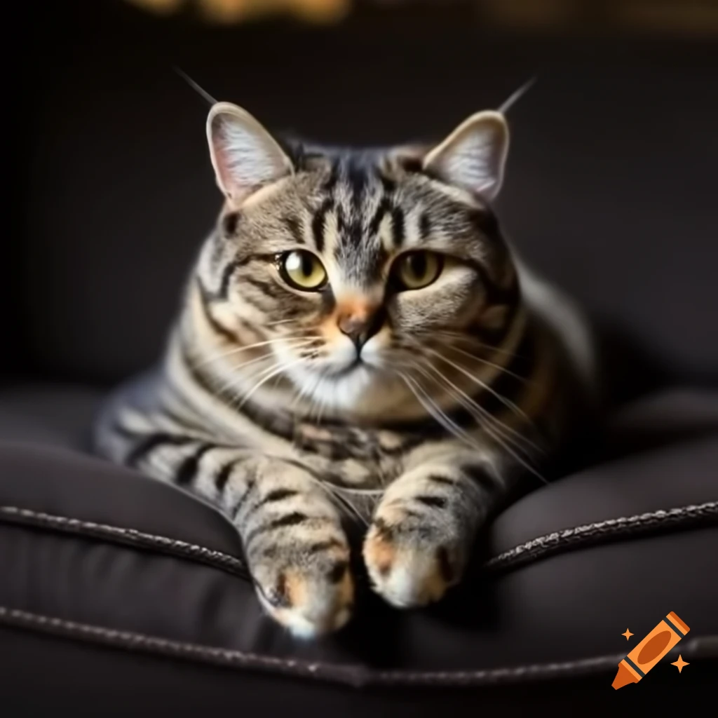 Tabby British Shorthair cat lounging on sofa