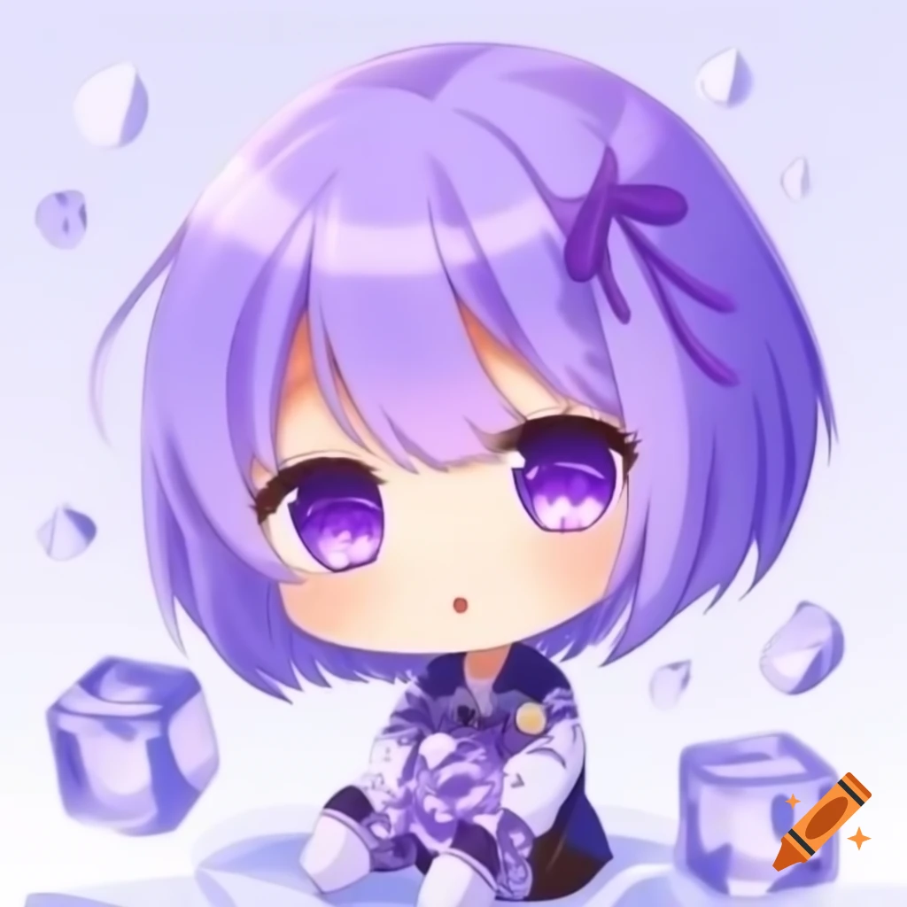 Anime chibi character with lavender hair holding ice cube