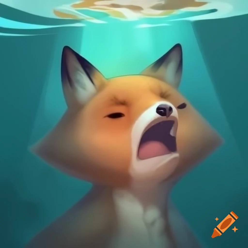 Anthropomorphic furry fox struggling underwater with scared expression
