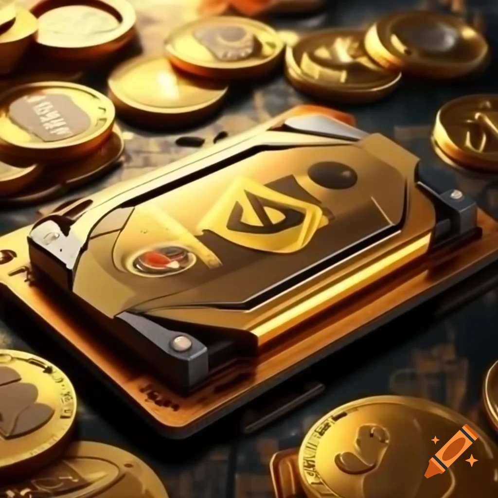 Modern golden crypto mining rig with GPU graphics card