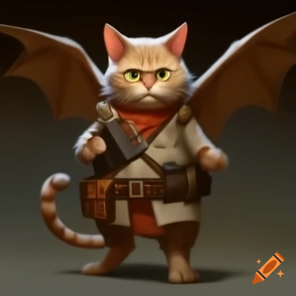 Vaguely catlike winged humanoid with card holster belt