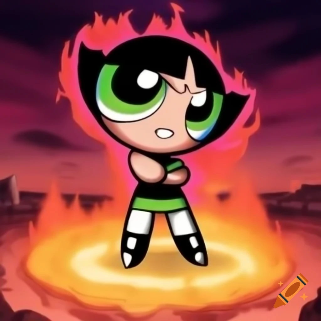 PowerPuff Girl alien queen battling Goku in fierce fight, cosmic scene