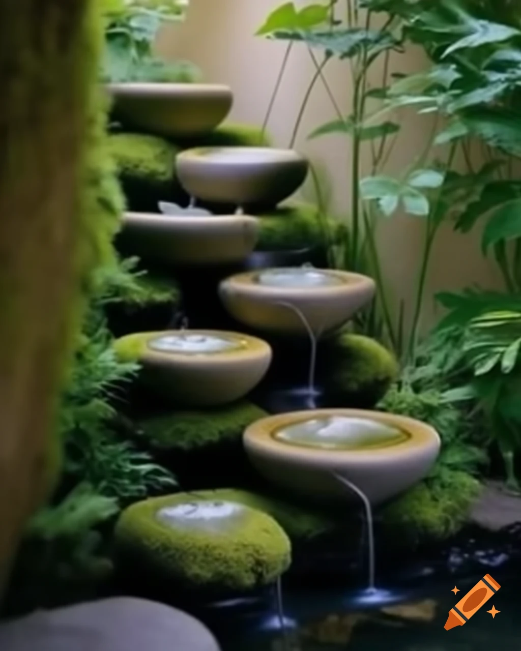 Indoor fountain with cascading water made of mossy stones, softly illuminated