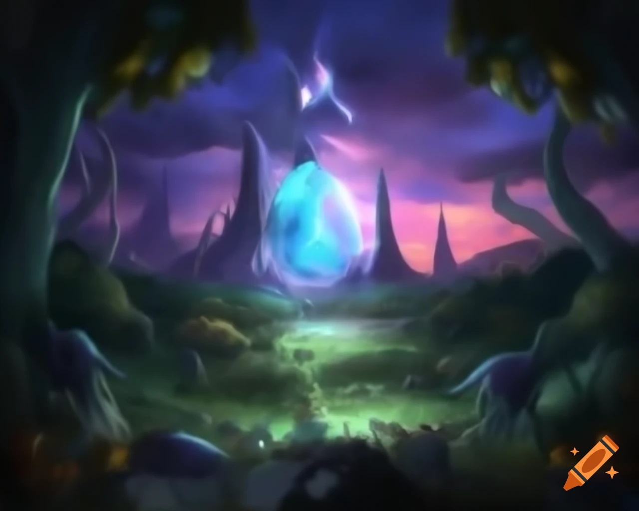 Mystical forest with mythical creatures and vibrant trees
