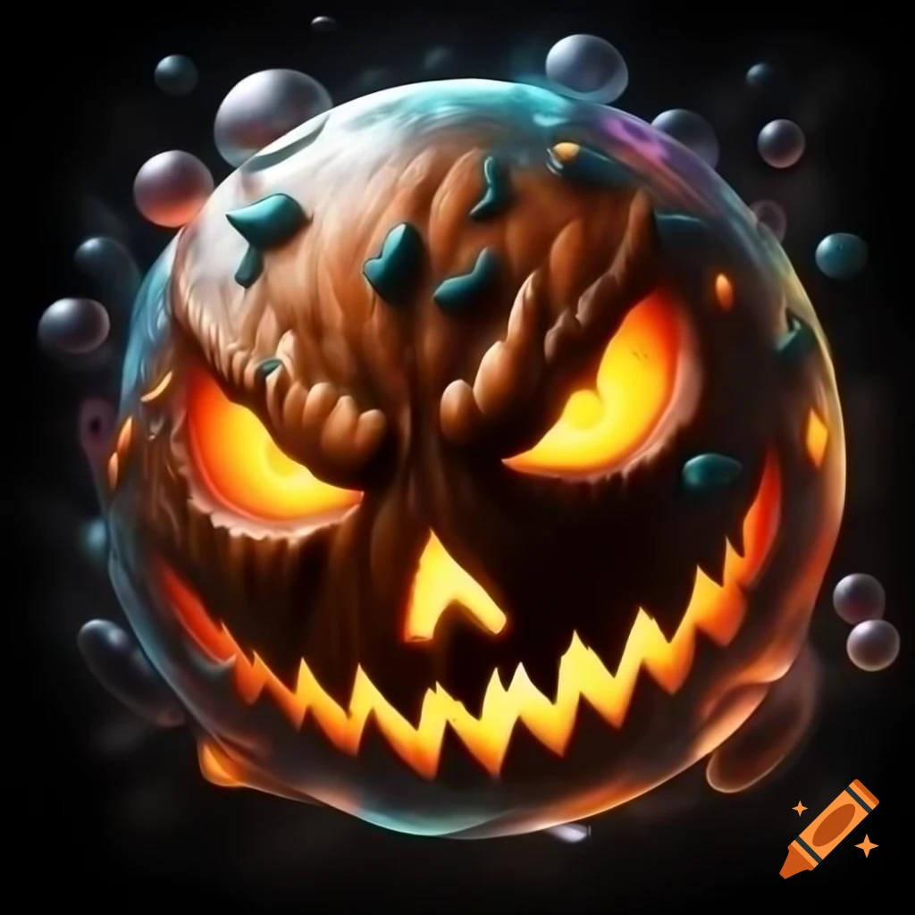 Hyper realistic fantasy monster bubble with brown eyes and Jack O' Lantern mouth, rainbow effect
