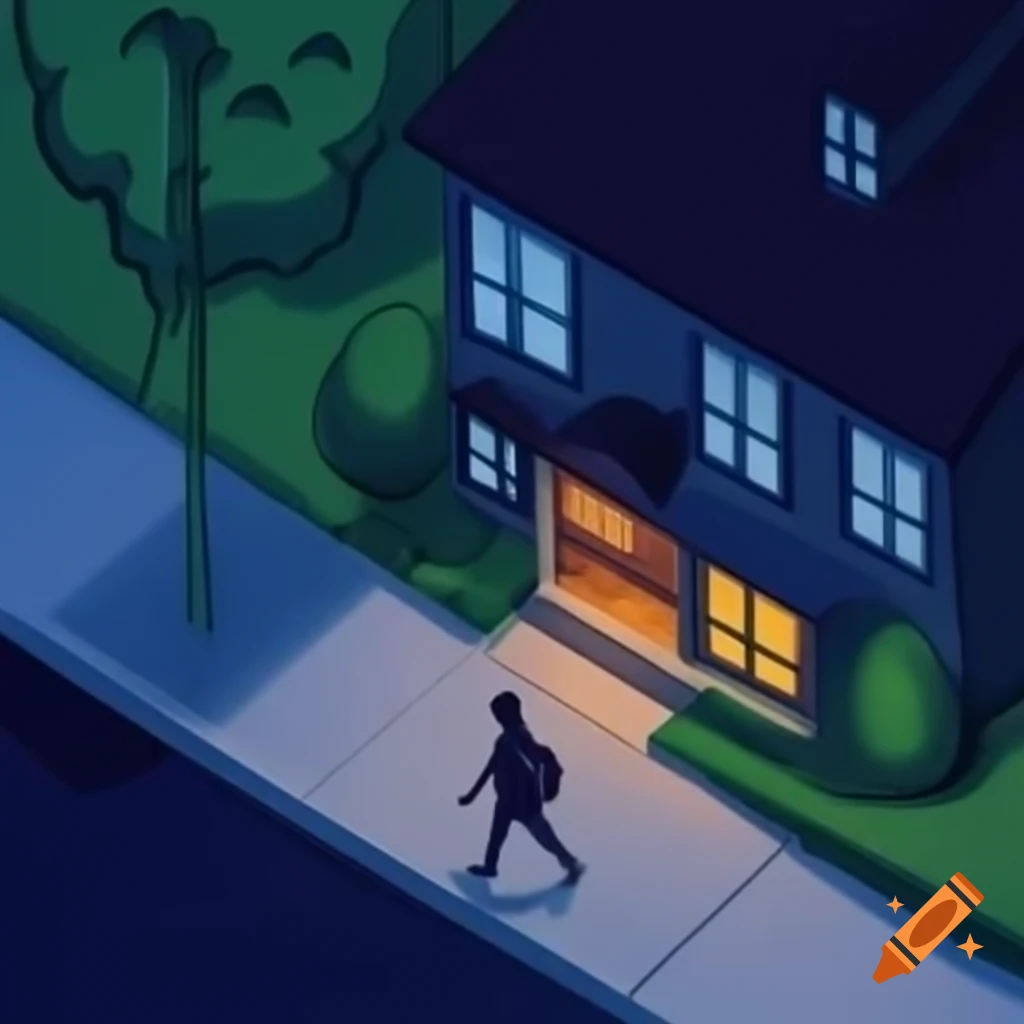 Person walking home on sidewalk at night