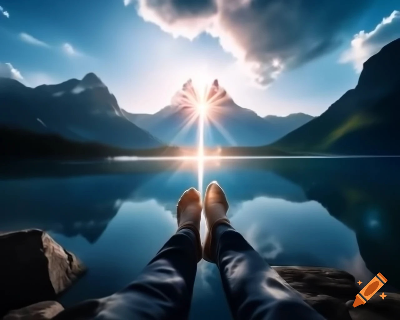 Majestic mountains with tranquil crystal-clear lake at their feet
