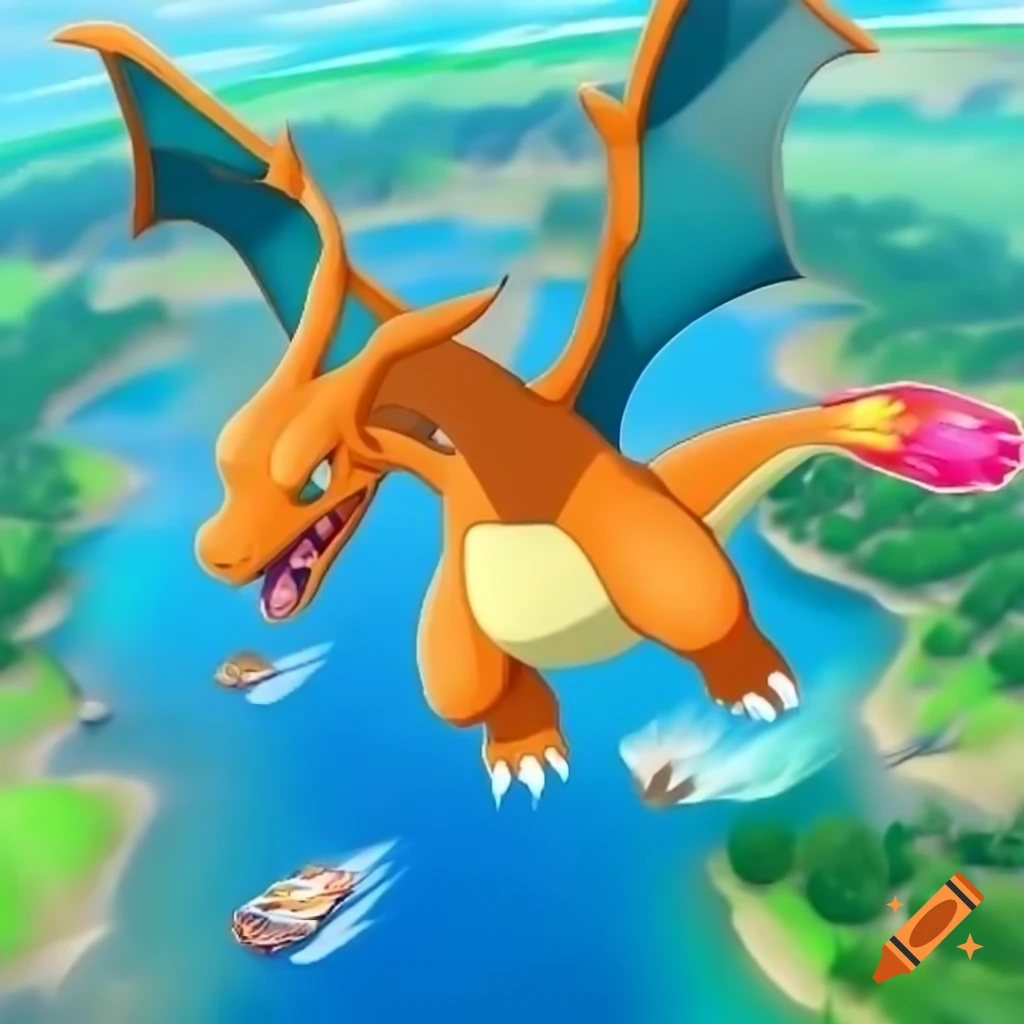 Aggressive Charizard flying over fishermen and boats in a fantasy world with pink hues