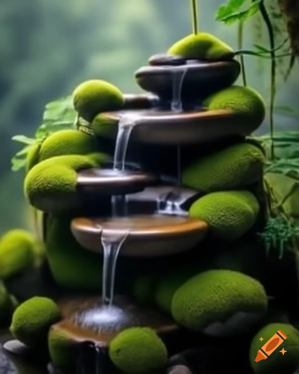 Indoor fountain with cascading water over mossy stones in enchanting light