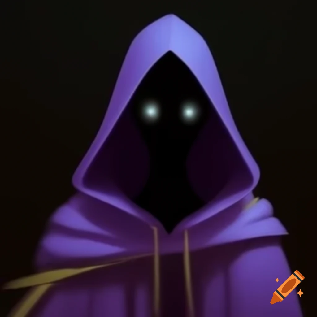 Mysterious hooded figure in purple cloak with shadowed face