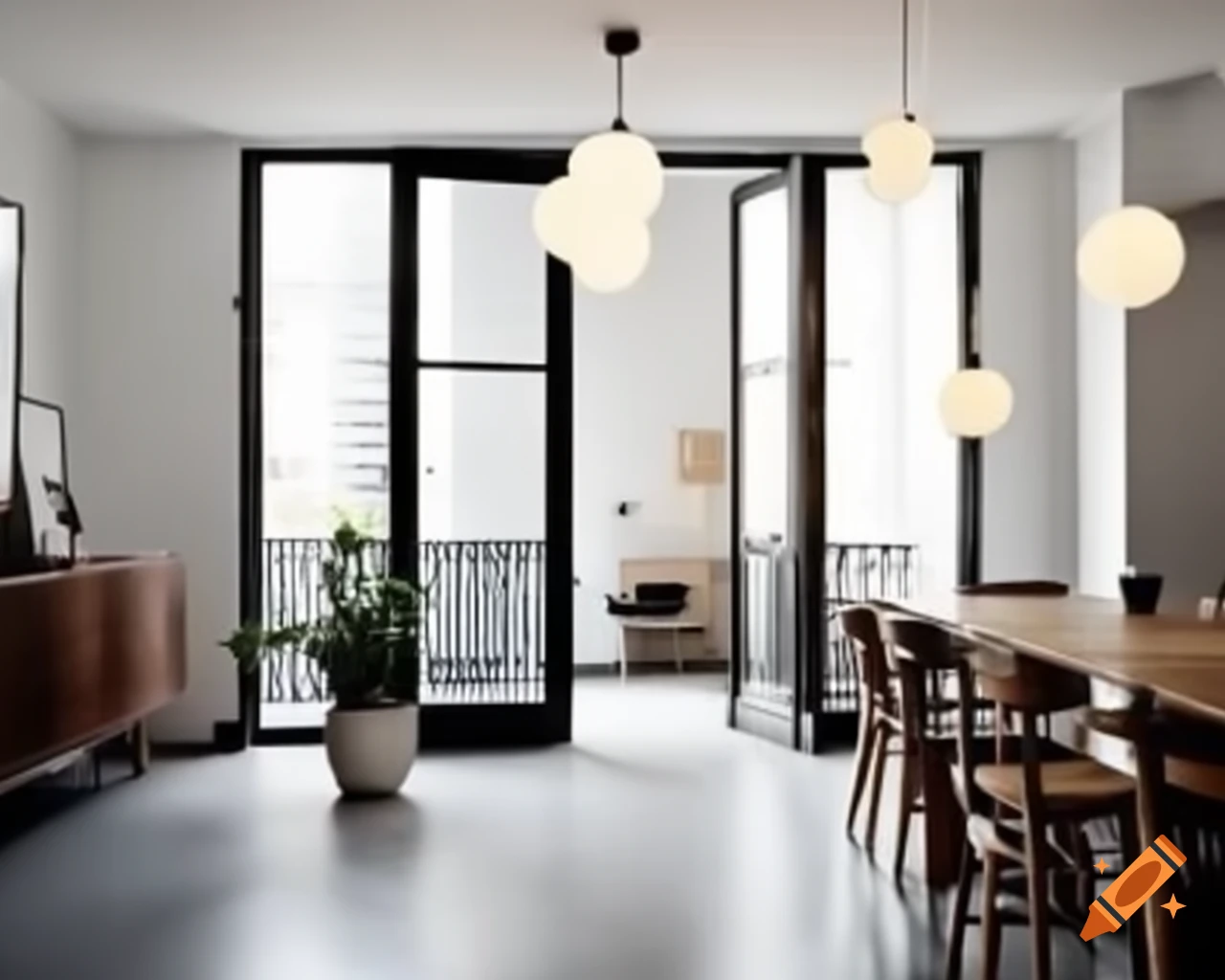 Modern interior apartment with concrete floor, wood furniture, and design lights