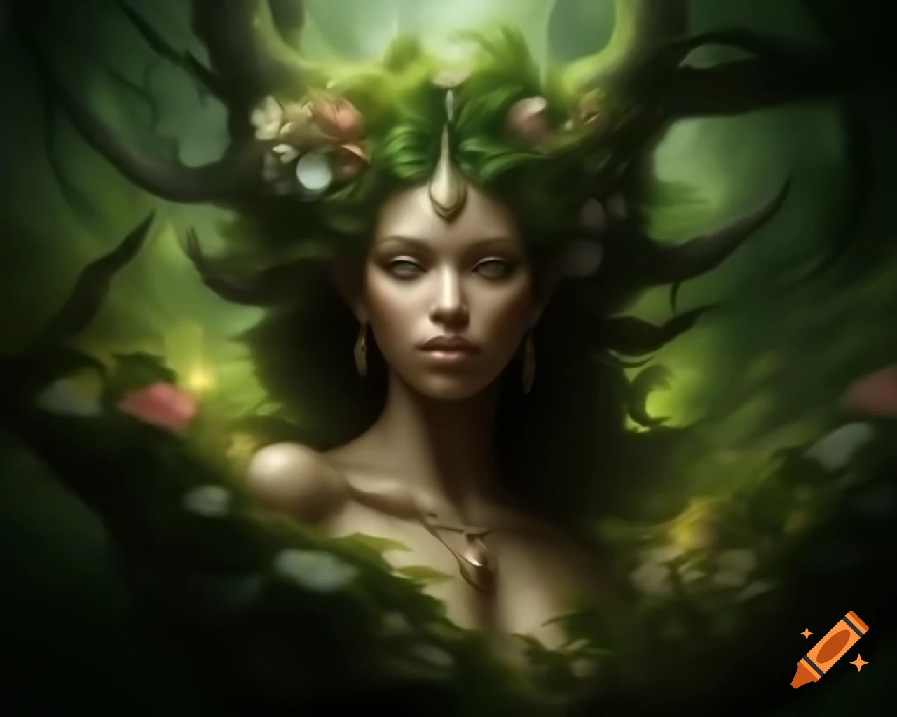 Powerful goddess of the wild in lush forest setting