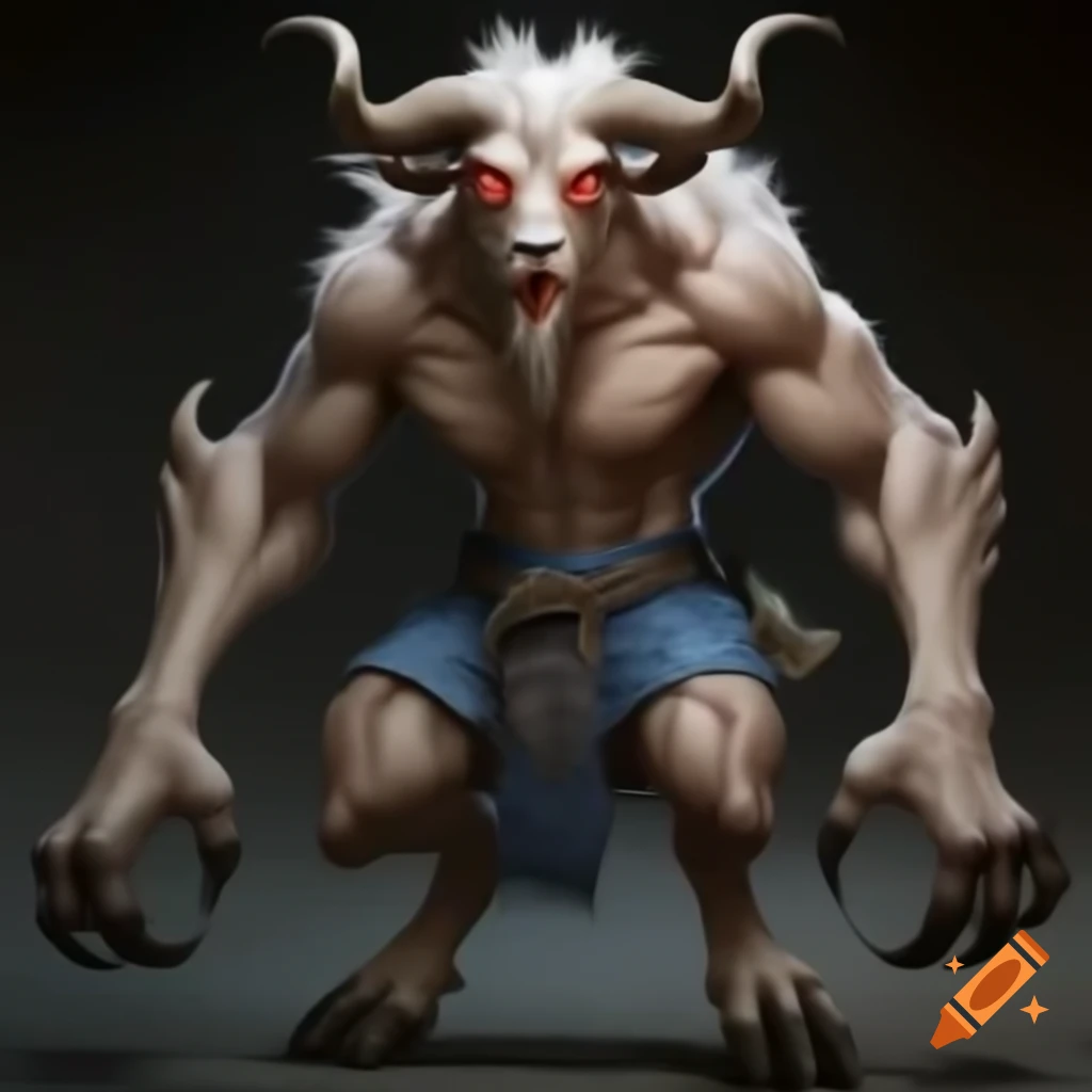 Strong goat-headed demon with large horns and muscular legs, HD realistic