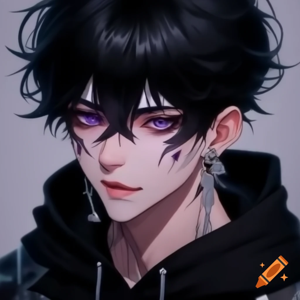 Emotionless anime character with black messy hair and violet eyes in black hoodie
