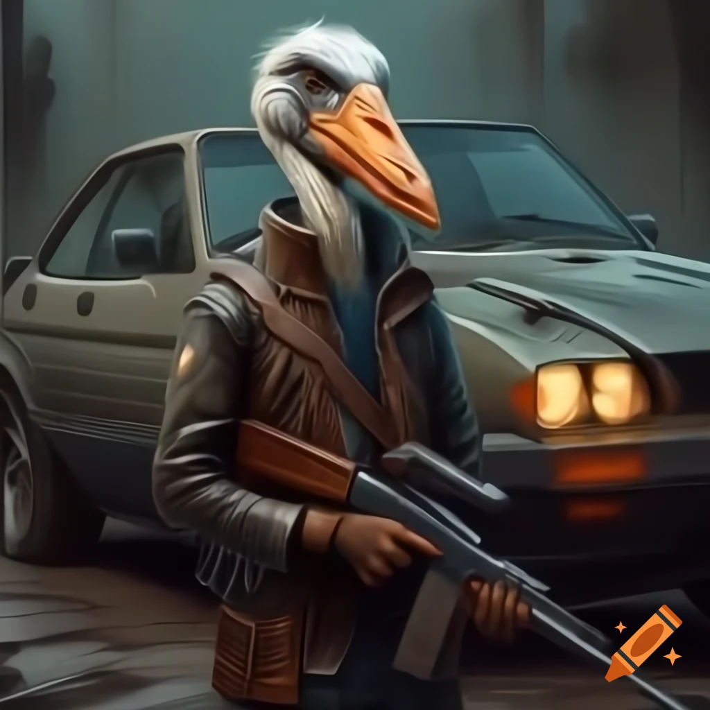 Human-bodied creature with Shoebill head in leather jacket holding rifle next to old Mazda car