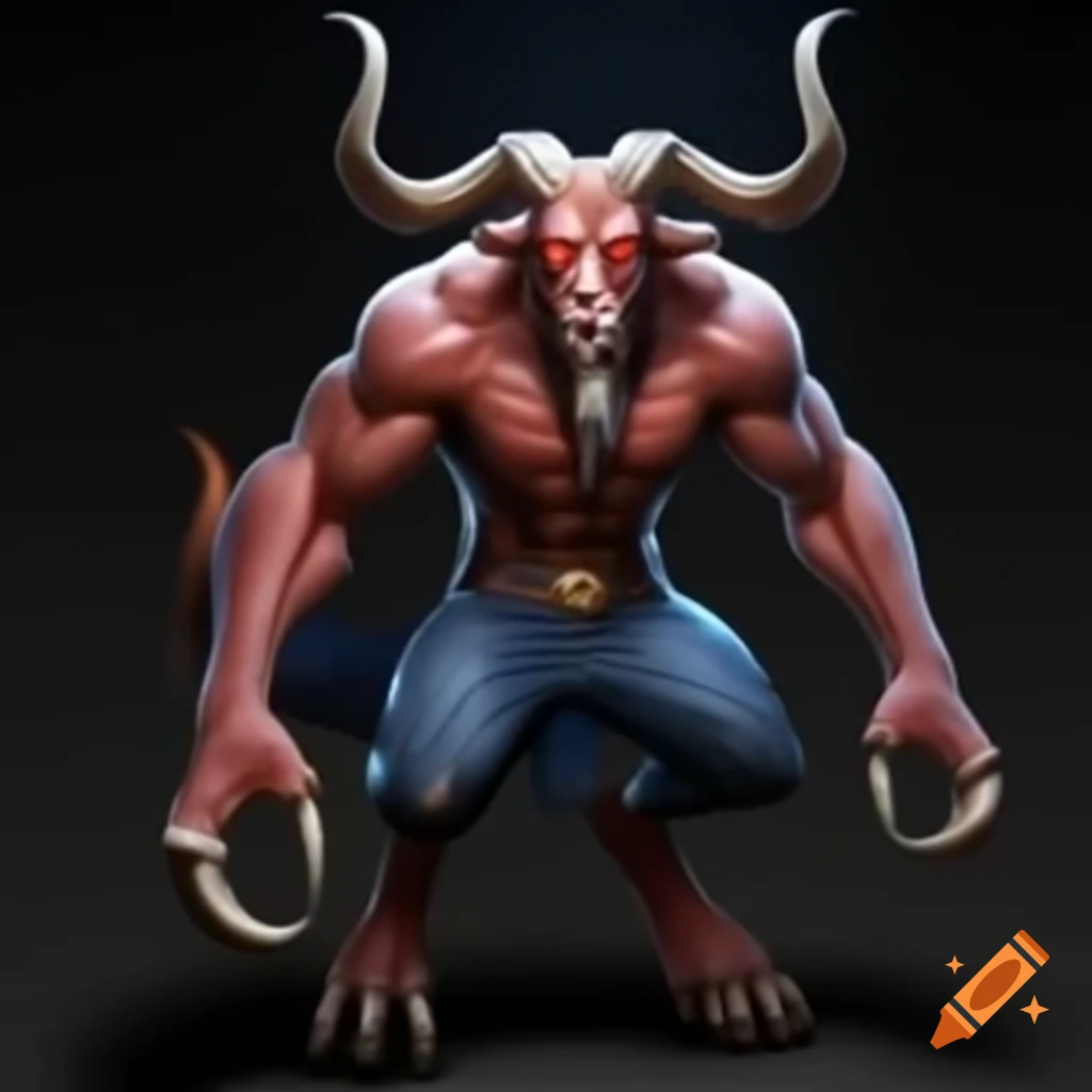 Goat-headed demon with large horns and muscular legs in strong standing posture