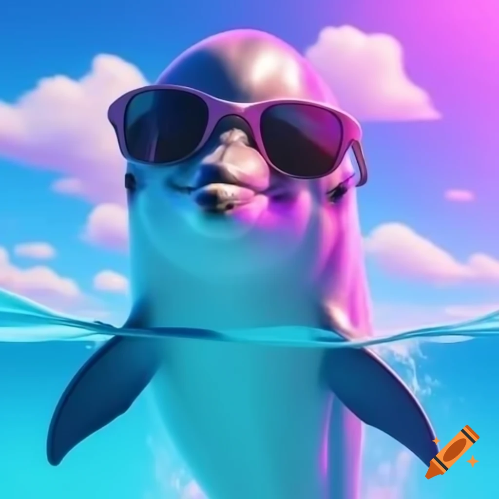 Vaporwave-style dolphin wearing sunglasses