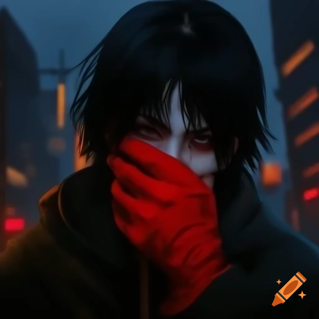 Low angle shot of man with long black hair and red bandana in urban environment