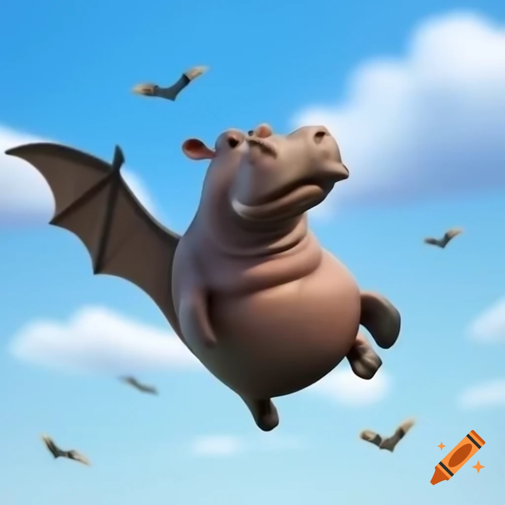 Hippo with bat wings flying in the sky