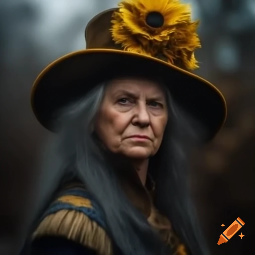 Portrait of stern German woman with dark grey hair and yellow hat, wearing imperial blue jacket