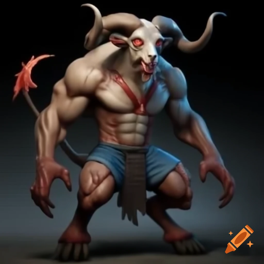 Strong goat-headed demon with large horns and muscular legs, HD realistic