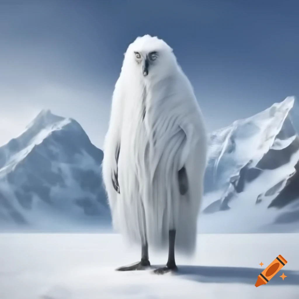 20-foot humanoid creature in white robe and stork mask on snowy plateau