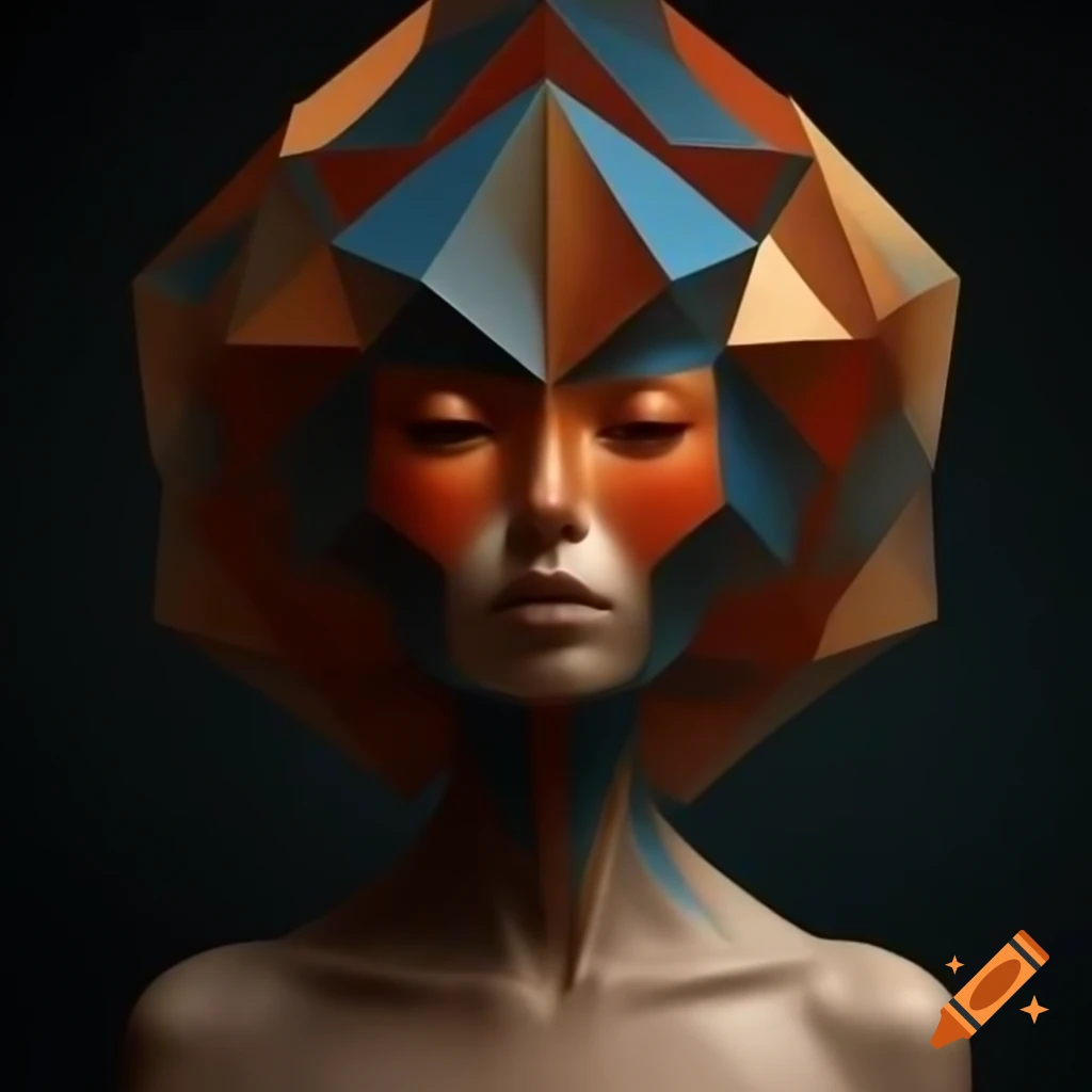 Surreal human with geometric head in abstract colors
